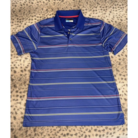 Men's PGA Tour Pro Series Athletic Fit Stretch Golf Polo Blue Stripe Medium - Picture 1 of 3